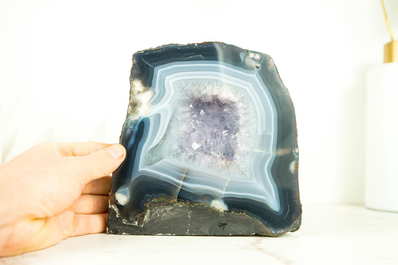 Small Blue and White Banded Agate Geode with Rare Clear Amethyst Druzy