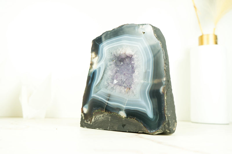 Small Blue and White Banded Agate Geode with Rare Clear Amethyst Druzy