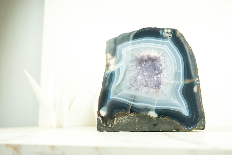 Small Blue and White Banded Agate Geode with Rare Clear Amethyst Druzy