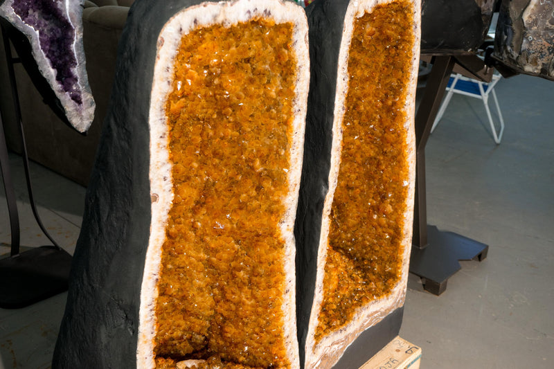 Pair of X - Large 3.6 Ft Citrine Geodes with Golden Orange Druzy & Calcite Inclusions - E2D Crystals & Minerals