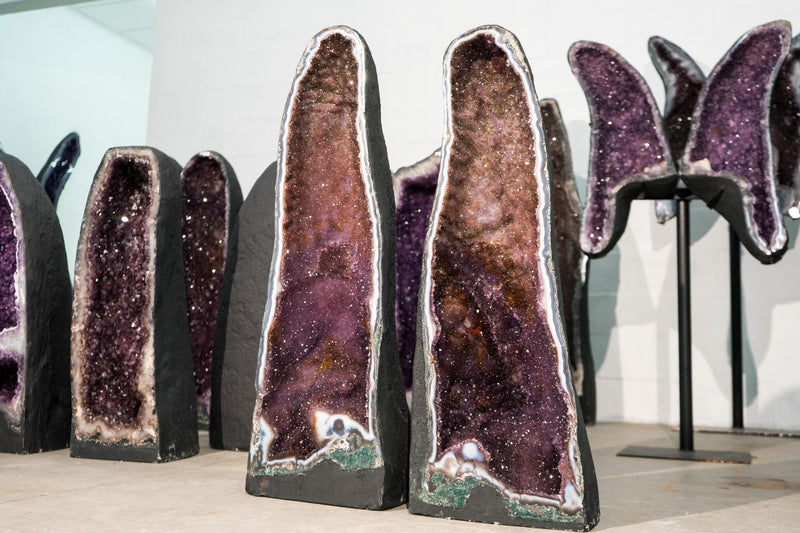 Pair of Large Amethyst Cathedral Geodes with Colorful Purple and Rose Druzy and Framing Agate Lace - E2D Crystals & Minerals
