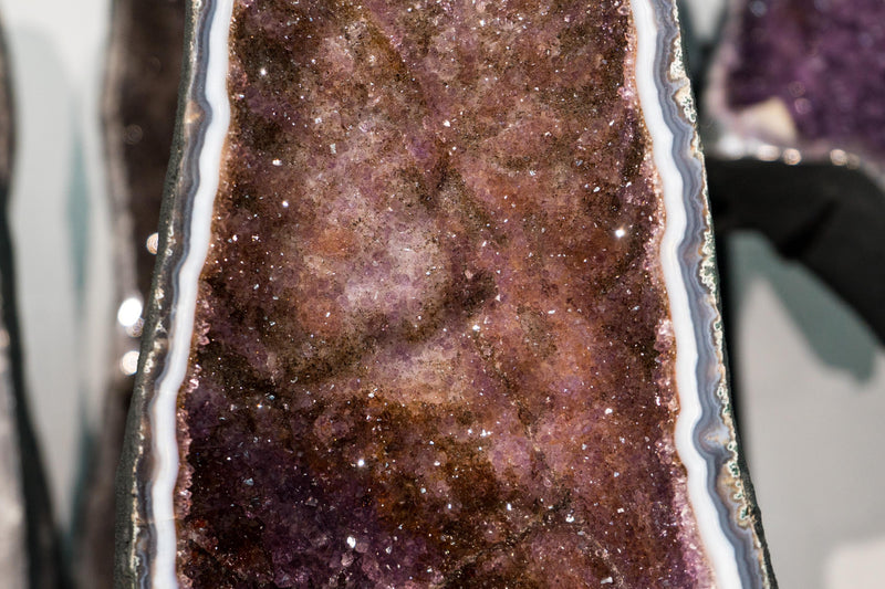 Pair of Large Amethyst Cathedral Geodes with Colorful Purple and Rose Druzy and Framing Agate Lace - E2D Crystals & Minerals