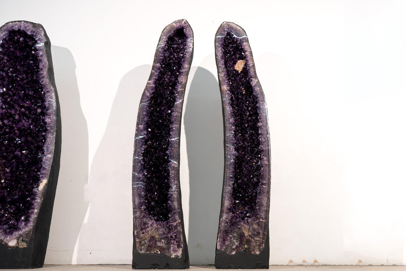 6 Ft Tall Pair of Large Dark Purple Amethyst Geodes with Sparkly Druzy and Calcite Inclusion - E2D Crystals & Minerals