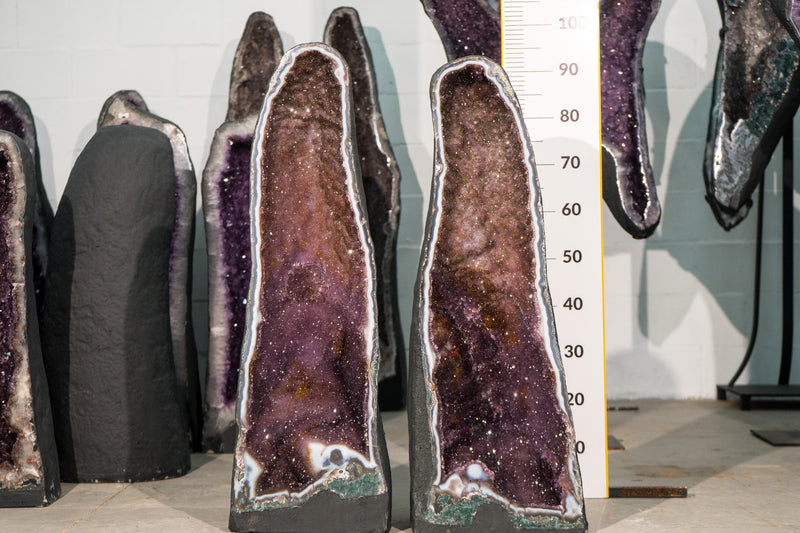 Pair of Large Amethyst Cathedral Geodes with Colorful Purple and Rose Druzy and Framing Agate Lace - E2D Crystals & Minerals