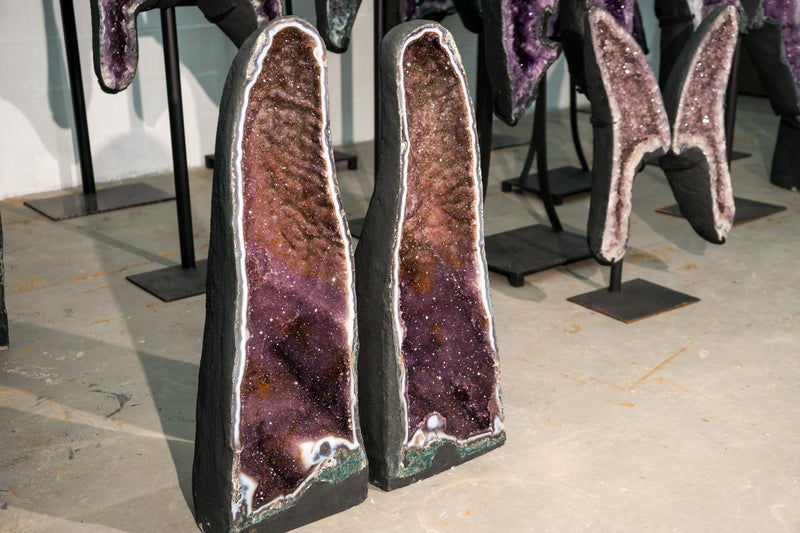 Pair of Large Amethyst Cathedral Geodes with Colorful Purple and Rose Druzy and Framing Agate Lace - E2D Crystals & Minerals