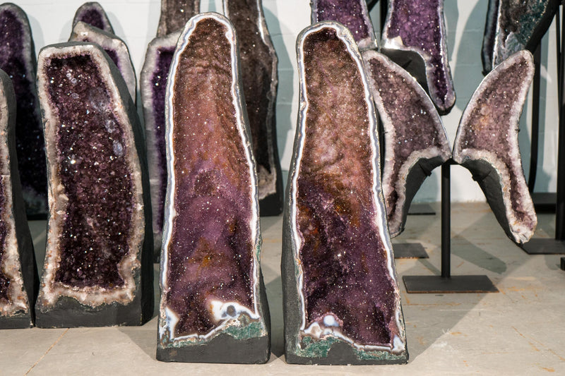 Pair of Large Amethyst Cathedral Geodes with Colorful Purple and Rose Druzy and Framing Agate Lace - E2D Crystals & Minerals