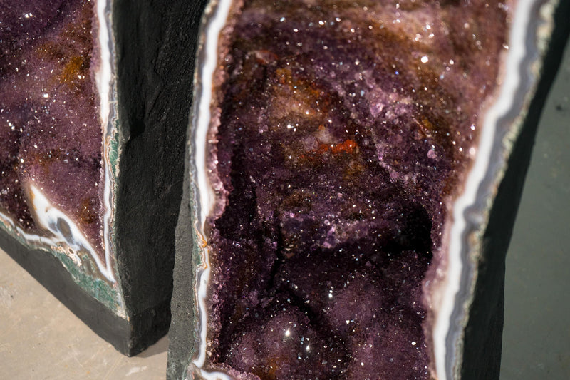 Pair of Large Amethyst Cathedral Geodes with Colorful Purple and Rose Druzy and Framing Agate Lace - E2D Crystals & Minerals