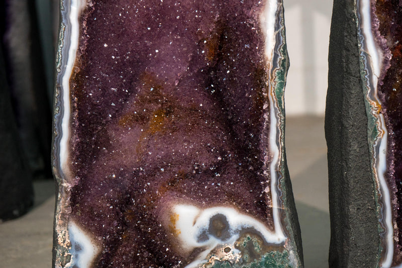 Pair of Large Amethyst Cathedral Geodes with Colorful Purple and Rose Druzy and Framing Agate Lace - E2D Crystals & Minerals