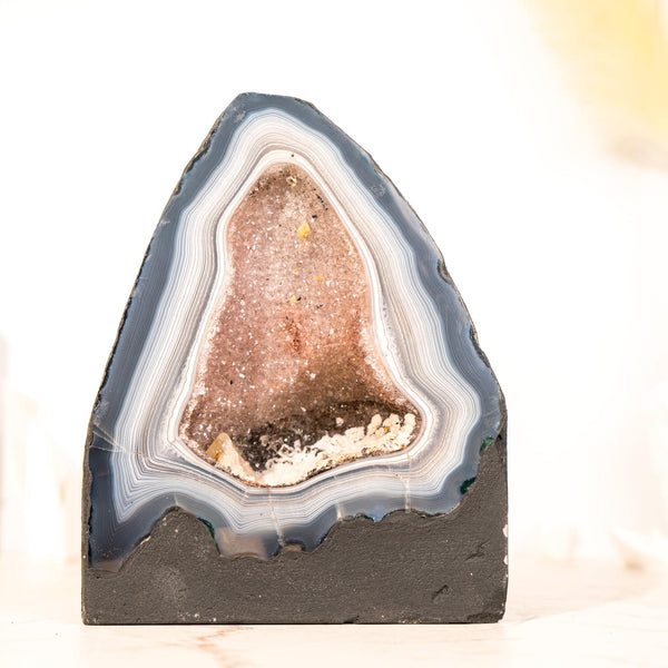 Blue & White Lace Agate Geode with Striped Pattern and Galaxy Druzy