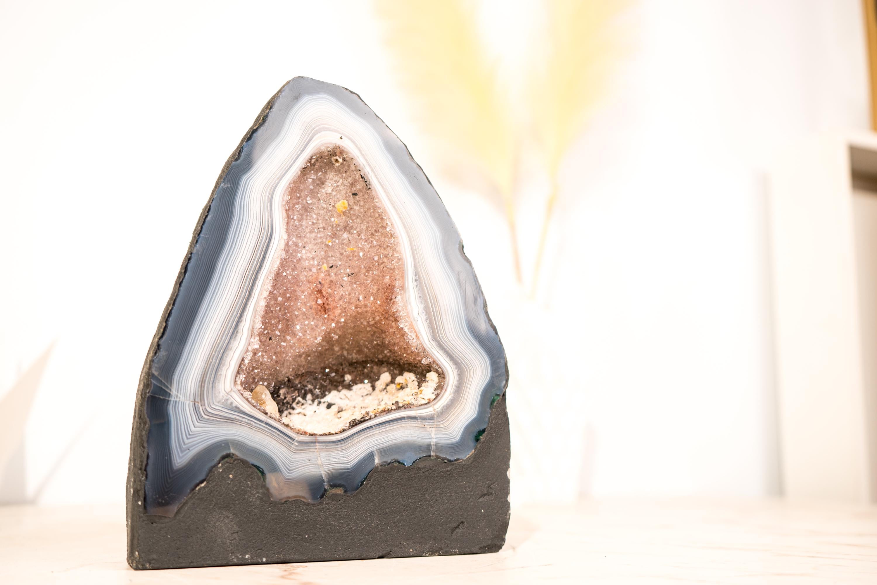 Blue & White Lace Agate Geode with Striped Pattern and Galaxy Druzy