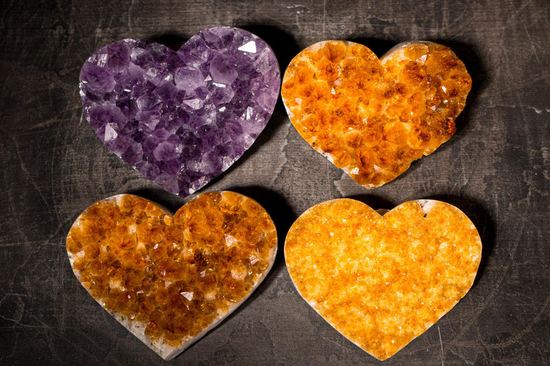 Set of 4 High - Grade Citrine and Amethyst Hearts, Decorative Crystal, Wholesale Flat Box - 3.4 Kg - 7.5 lb - E2D Crystals & Minerals