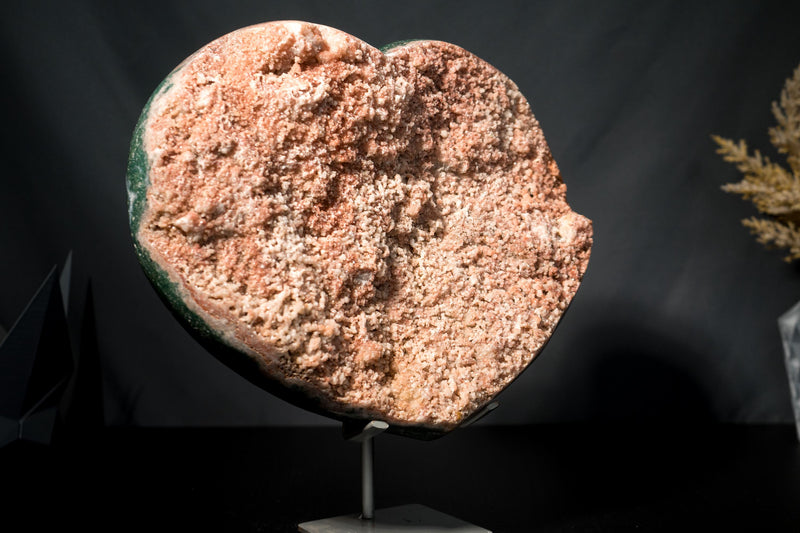 X - Large Pink Amethyst Heart with Green Jasper and Galaxy Druzy on Stand - E2D Crystals & Minerals