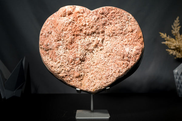 X-Large Pink Amethyst Heart with Green Jasper and Galaxy Druzy on Stand