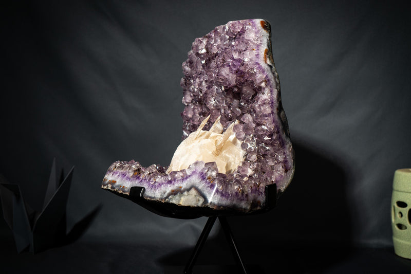 Amethyst Cluster with Rare Intact “Excalibur” Long Scalenohedral Calcites in/on Calcite (Uruguay) – Large Cabinet Specimen - 17 In - 39 Lb - E2D Crystals & Minerals