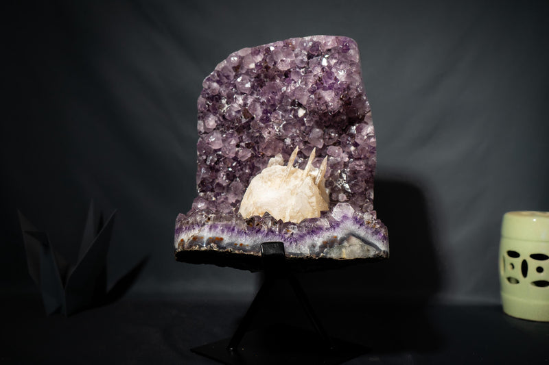 Amethyst Cluster with Rare Intact “Excalibur” Long Scalenohedral Calcites in/on Calcite (Uruguay) – Large Cabinet Specimen - 17 In - 39 Lb - E2D Crystals & Minerals