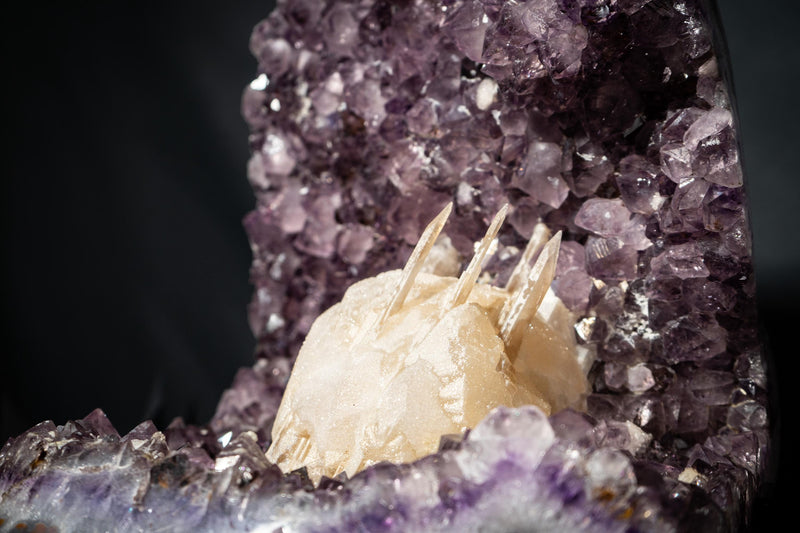 Amethyst Cluster with Rare Intact “Excalibur” Long Scalenohedral Calcites in/on Calcite (Uruguay) – Large Cabinet Specimen - 17 In - 39 Lb - E2D Crystals & Minerals