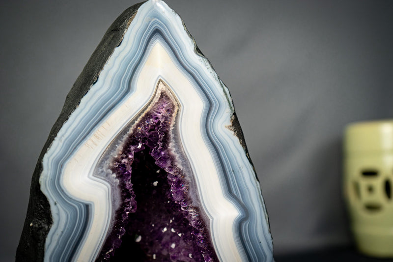 Rare Natural White & Blue Lace Agate Geode with Purple Amethyst Interior - E2D Crystals & Minerals