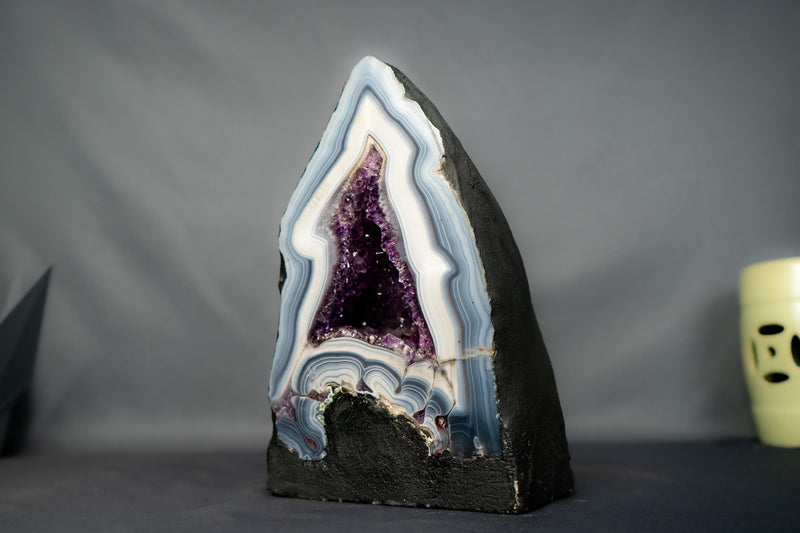 Rare Natural White & Blue Lace Agate Geode with Purple Amethyst Interior - E2D Crystals & Minerals