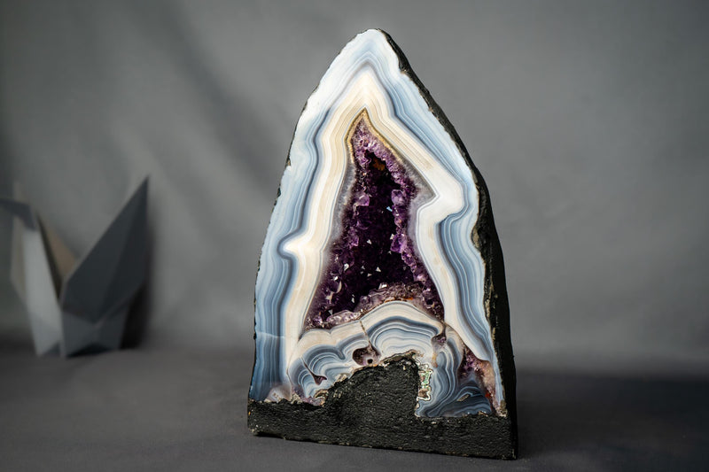 White & Blue Lace Agate Geode with Purple Amethyst Druzy - E2D Crystals & Minerals