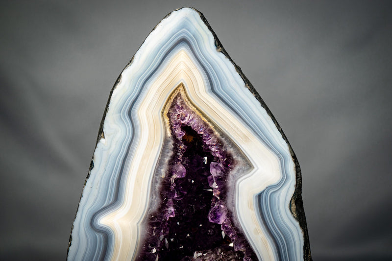 White & Blue Lace Agate Geode with Purple Amethyst Druzy - E2D Crystals & Minerals