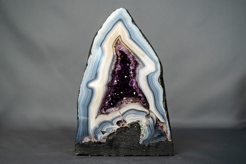 White & Blue Lace Agate Geode with Purple Amethyst Druzy - E2D Crystals & Minerals