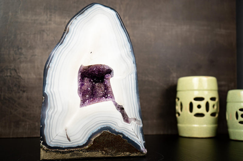 Collection - Grade White Lace Agate Geode with Violet Druzy Cave – Polished, Rare Brazilian Specimen, 7.0 Kg - 15.3 lb - E2D Crystals & Minerals