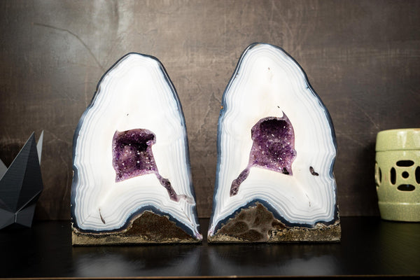 Collection - Grade Pair of White Lace Agate Geodes with Violet Druzy Cave – Polished, Rare Brazilian Specimens, 7.0 Kg - 15.3 lb - E2D Crystals & Minerals