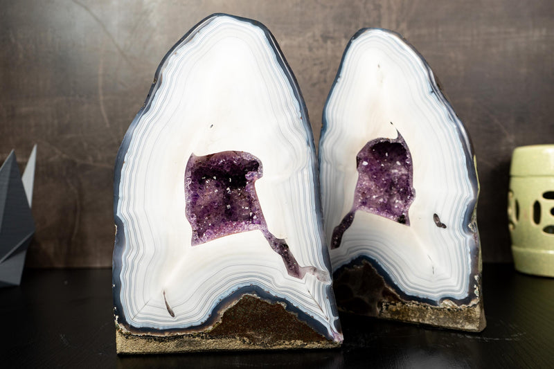 Collection - Grade Pair of White Lace Agate Geodes with Violet Druzy Cave – Polished, Rare Brazilian Specimens, 7.0 Kg - 15.3 lb - E2D Crystals & Minerals