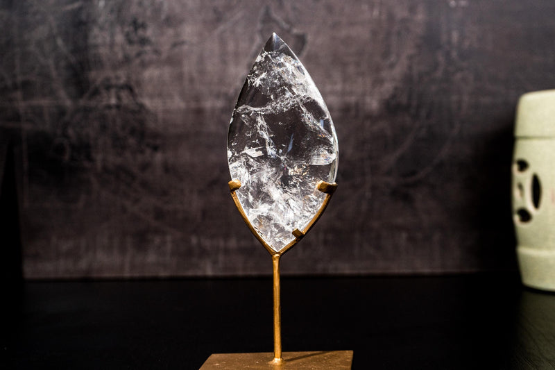 Natural Near - Flawless Clear Quartz Flame Sculpture on Stand – Small Crystal Generator for Healing, Home Décor, or Gift - E2D Crystals & Minerals