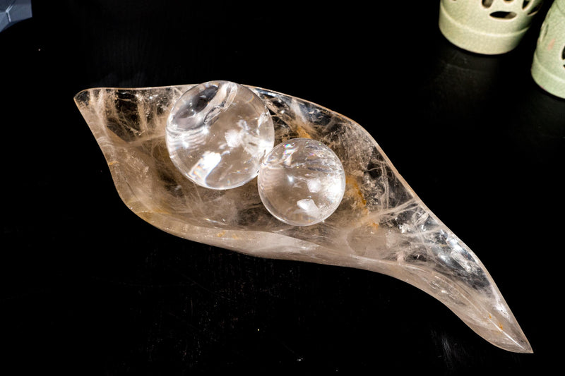Hand - Carved Smoky Quartz Crystal Bowl – Genuine Quartz Centerpiece for Table, Altar, or Fruit Display - 20" x 8.2" - E2D Crystals & Minerals
