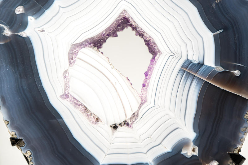 Rare Dark Blue & White Lace Agate Geode – Striped Laces and Purple Druzy Interior, Intact Gallery - Grade Specimen - 5.8 Kg - 12.8 lb - E2D Crystals & Minerals