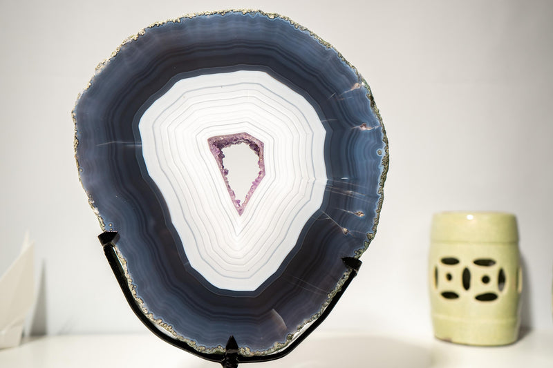 Gorgeous Dark Blue & White Lace Agate Geode – Striped Laces and Purple Druzy Interior, Intact Gallery - Grade Specimen - 5.5 Kg - 12.0 lb - E2D Crystals & Minerals