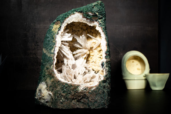 Collection Amethyst Geode Cathedral with Rare White Pseudomorph Flowers on Cream Calcite Matrix, Natural, Intact - 16.4 Kg - 36.0 lb - E2D Crystals & Minerals