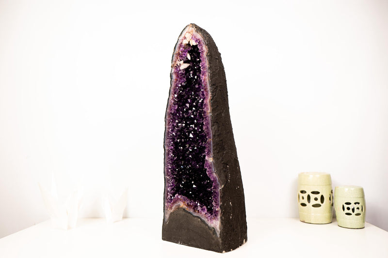 25" AAA - Grade Dark Purple Amethyst Geode with Sparkly Druzy & Rare Calcite Inclusion – Luxury Crystal Decor (58 lbs) - E2D Crystals & Minerals