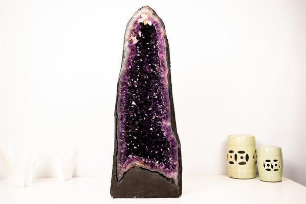 25" AAA - Grade Dark Purple Amethyst Geode with Sparkly Druzy & Rare Calcite Inclusion – Luxury Crystal Decor (58 lbs) - E2D Crystals & Minerals