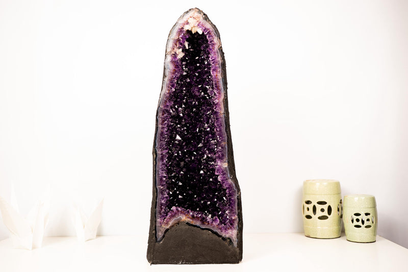 25" AAA - Grade Dark Purple Amethyst Geode with Sparkly Druzy & Rare Calcite Inclusion – Luxury Crystal Decor (58 lbs) - E2D Crystals & Minerals