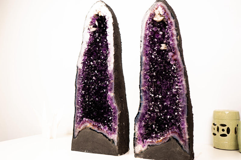 Pair of Large AAA - Grade Dark Purple Amethyst Geodes with Sparkling Druzy and Unique Calcite Crystal – Symmetrical Statement Décor, 25" Tall - E2D Crystals & Minerals