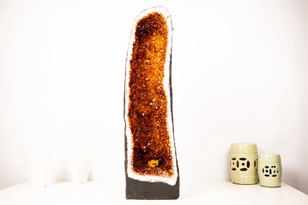 Large Madeira Citrine Geode Cathedral with Galaxy Crystal Druzy on Cubic Calcite – Statement Display Specimen 27 in Tall, 54 lb - E2D Crystals & Minerals