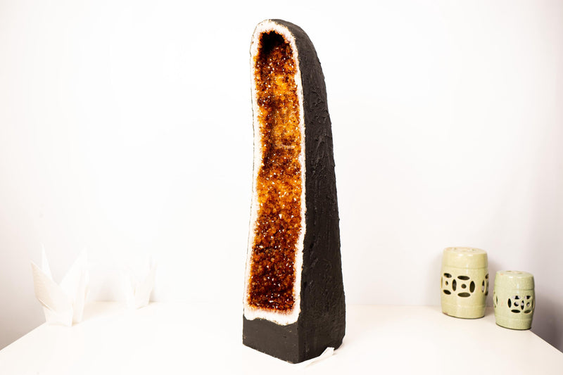 Large Madeira Citrine Geode Cathedral with Sparkly Deep Orange Druzy – Statement Display Specimen 28 in Tall, 49 lb - E2D Crystals & Minerals