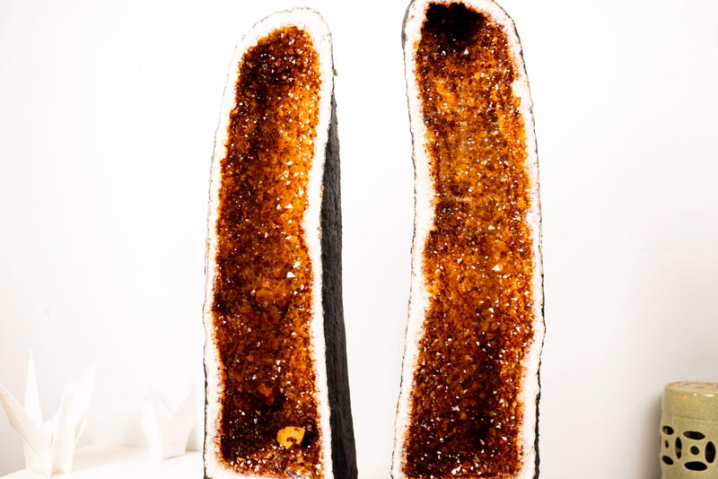 Pair of Large Madeira Citrine Geodes in Cathedral Format with Sparkly Deep Orange Druzy – Statement Display Specimens 29 in Tall, 103 lb - E2D Crystals & Minerals