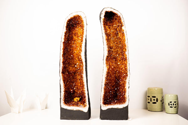 Pair of Large Madeira Citrine Geodes in Cathedral Format with Sparkly Deep Orange Druzy – Statement Display Specimens 29 in Tall, 103 lb - E2D Crystals & Minerals