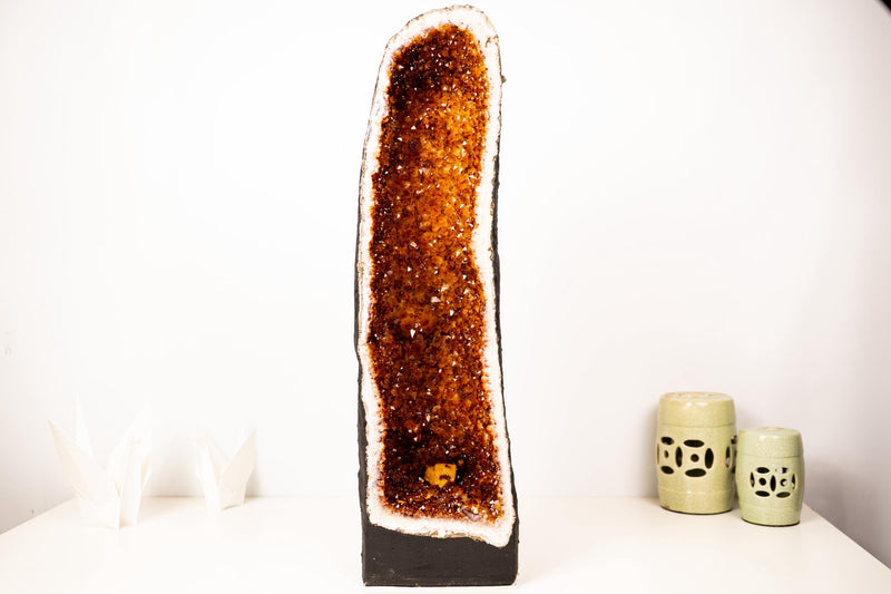Pair of Large Madeira Citrine Geodes in Cathedral Format with Sparkly Deep Orange Druzy – Statement Display Specimens 29 in Tall, 103 lb - E2D Crystals & Minerals
