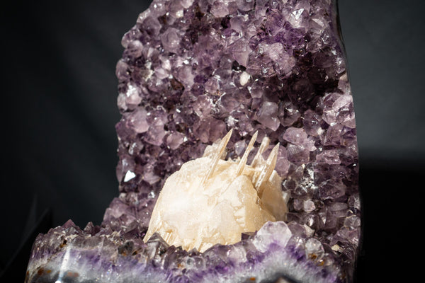 Amethyst Cluster with Rare Intact “Excalibur” Long Scalenohedral Calcites in/on Calcite (Uruguay) – Large Cabinet Specimen - 17 In - 39 Lb - E2D Crystals & Minerals