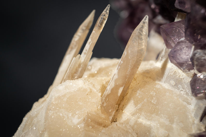 Amethyst Cluster with Rare Intact “Excalibur” Long Scalenohedral Calcites in/on Calcite (Uruguay) – Large Cabinet Specimen - 17 In - 39 Lb - E2D Crystals & Minerals