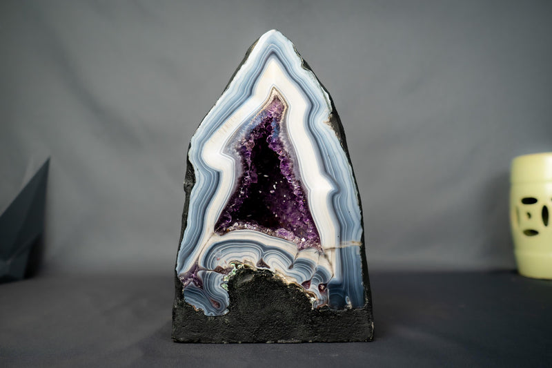 Rare Natural White & Blue Lace Agate Geode with Purple Amethyst Interior - E2D Crystals & Minerals