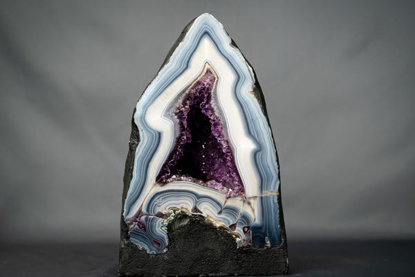 Rare Natural White & Blue Lace Agate Geode with Purple Amethyst Interior - E2D Crystals & Minerals