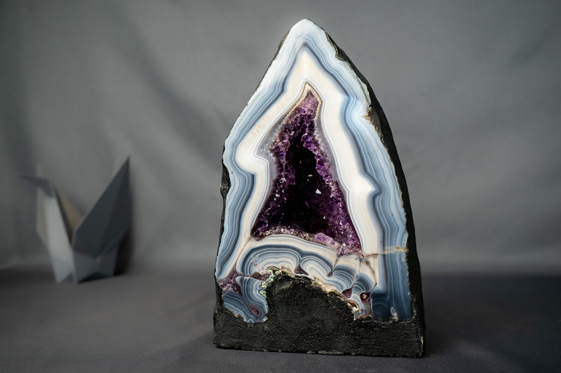 Rare Natural White & Blue Lace Agate Geode with Purple Amethyst Interior - E2D Crystals & Minerals
