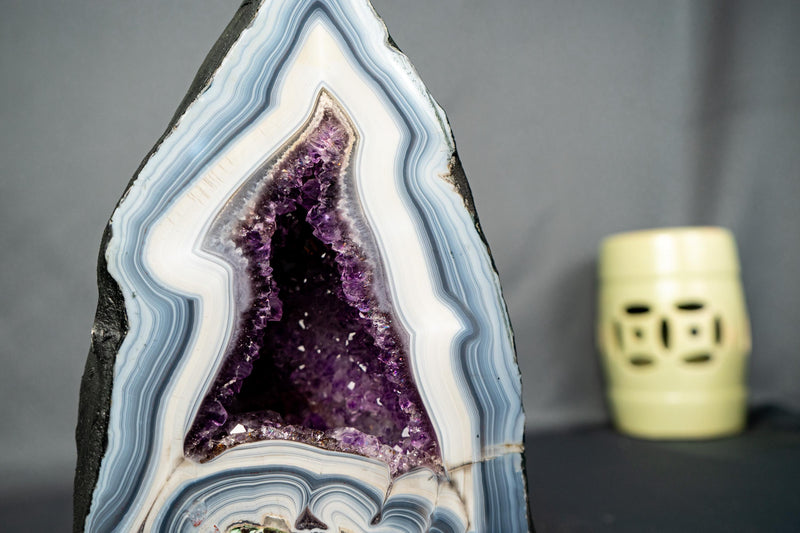 Rare Natural White & Blue Lace Agate Geode with Purple Amethyst Interior - E2D Crystals & Minerals