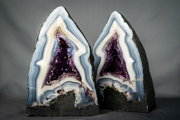Pair of Rare Natural White & Blue Lace Agate Geodes with Purple Amethyst Interior - E2D Crystals & Minerals