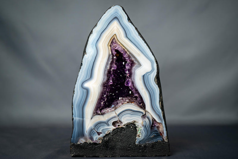 White & Blue Lace Agate Geode with Purple Amethyst Druzy - E2D Crystals & Minerals
